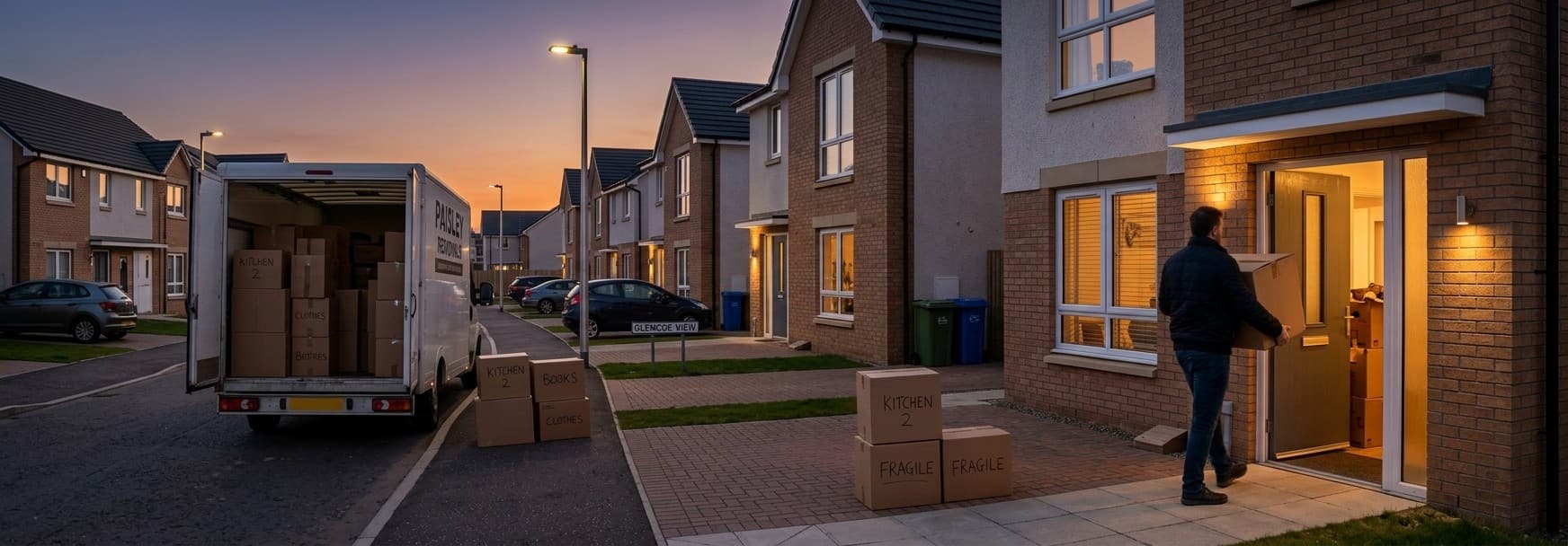 A street of new-build UK homes at dusk, a removals van at the kerb and a man carrying a box in through a lit front door.