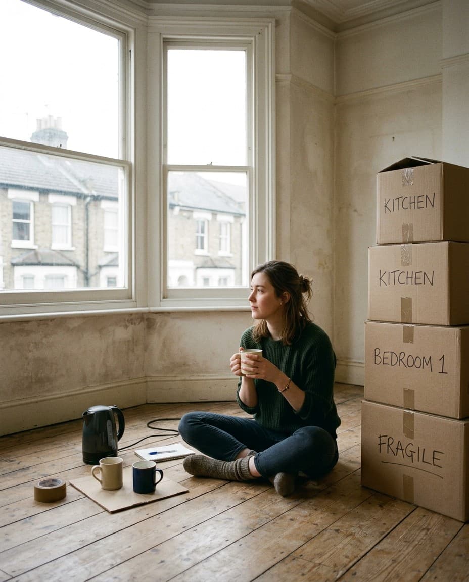 A buyer sitting on the bare floorboards of an empty Victorian terrace, a kettle and two mugs beside packing boxes.